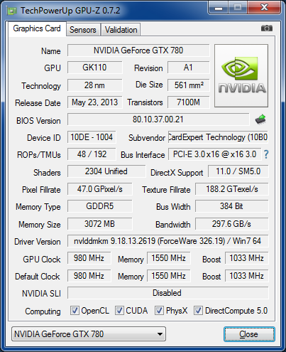 GPU-Z Gainward GTX 780 Phantom