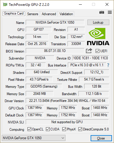 GPU-Z KFA² GTX 1050 OC LP : fréquences et caractéristiques