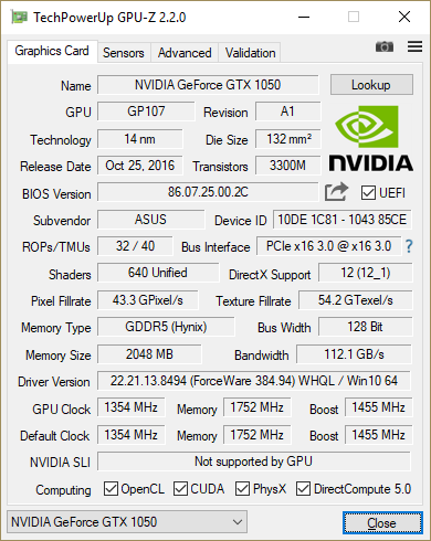 GPU-Z Asus Phoenix GTX 1050 : fréquences et caractéristiques