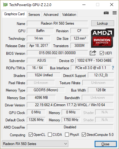 GPU-Z Asus RX 560 Strix Gaming : fréquences et caractéristiques