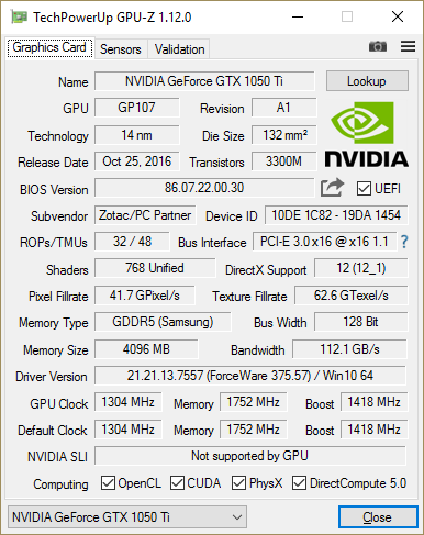 GPU-Z Zotac GTX 1050 Ti : fréquences et caractéristiques