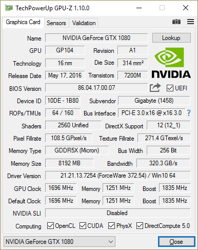 GPU-Z Gigabyte GTX 1080 G1 Gaming