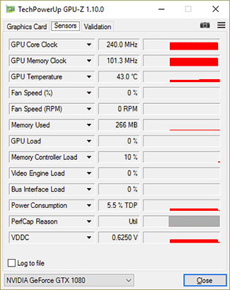 GPU-Z Gigabyte GTX 1080 G1 Gaming : fréquences au repos