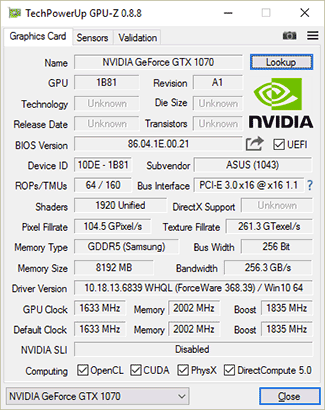 GPU-Z Asus GTX 1070 Strix Gaming