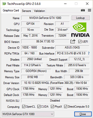 GPU-Z Asus GTX 1080 Strix Gaming
