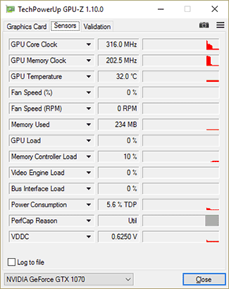 GPU-Z Gainward GTX 1070 Phoenix GLH : fréquences au repos