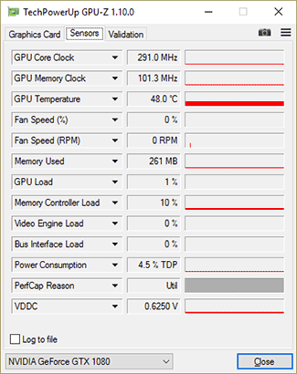 GPU-Z Gainward GTX 1080 Phoenix GLH : fréquences au repos