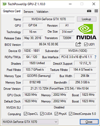 GPU-Z KFA² GTX 1070 HOF