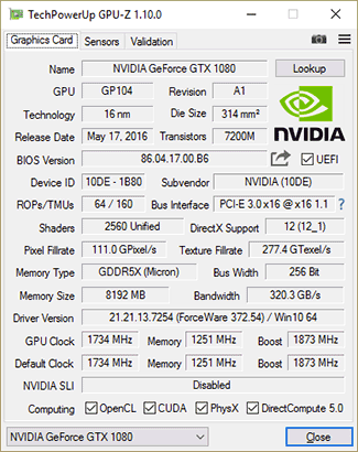 GPU-Z KFA² GTX 1080 HOF