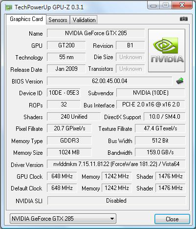 Dossier Geforce GTX 285 et 295 screen GPUZ de la GTX 285 
