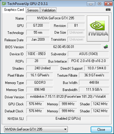 Dossier Geforce GTX 285 et 295 screen GPUZ de la GTX 295 