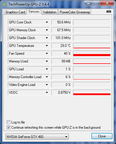 GPUZ fréquences repos GeFORCE GTX 460