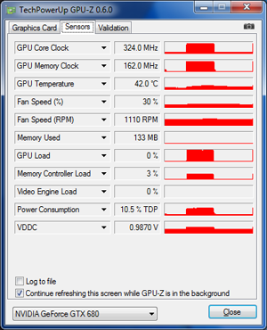 GPU-Z nVIDIA GeFORCE GTX 680 : fréquences au repos [cliquer pour agrandir]
