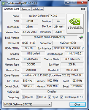GPU-Z nVIDIA GeFORCE GTX 760 [cliquer pour agrandir]