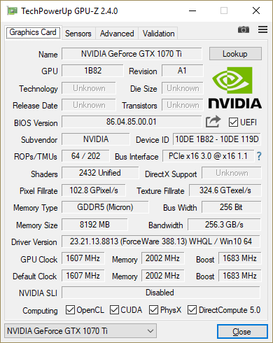 GPU-Z GeFORCE GTX 1070 Ti : caractéristiques