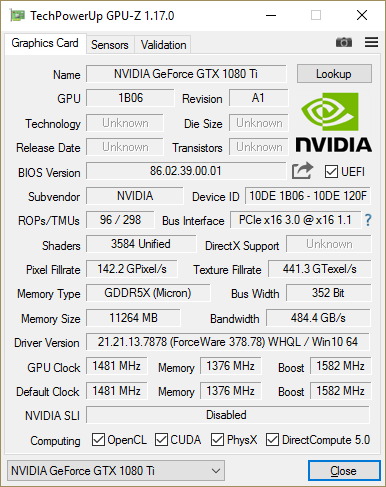 GPU-Z GeFORCE GTX 1080 Ti FE