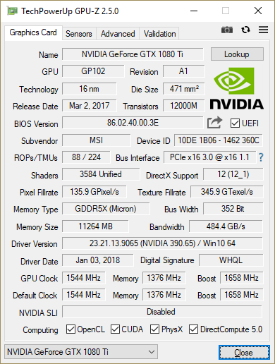 GPU-Z MSI GTX 1080 Ti Gaming X Trio : caractéristiques