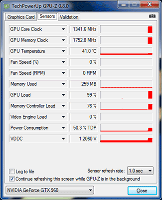 GPU-Z MSI GTX 960 : Fréquences au repos