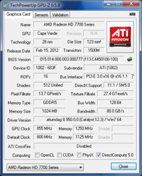 GPUZ AMD RADEON HD 7750 overclockée [cliquer pour agrandir]
