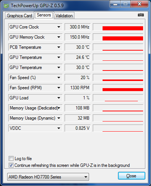 GPUZ AMD HD 7750 fréquences au repos [cliquer pour agrandir]