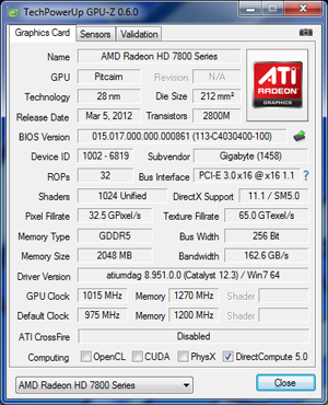 GPU-Z Gigabyte GV-R7850OC-2GD overclockée [cliquer pour agrandir]