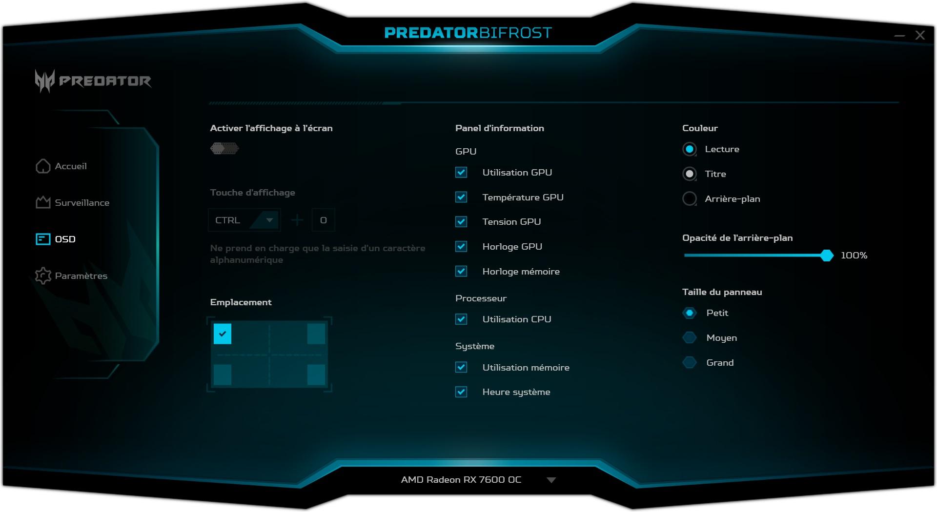 Le logiciel Acer Pedrator Biifrost Utility, réglages de l'OSD