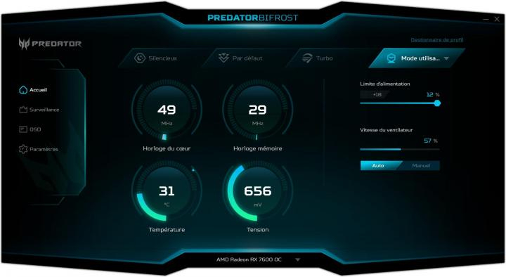 Le logiciel Acer Pedrator Biifrost Utility, profil utilisateur [cliquer pour agrandir]