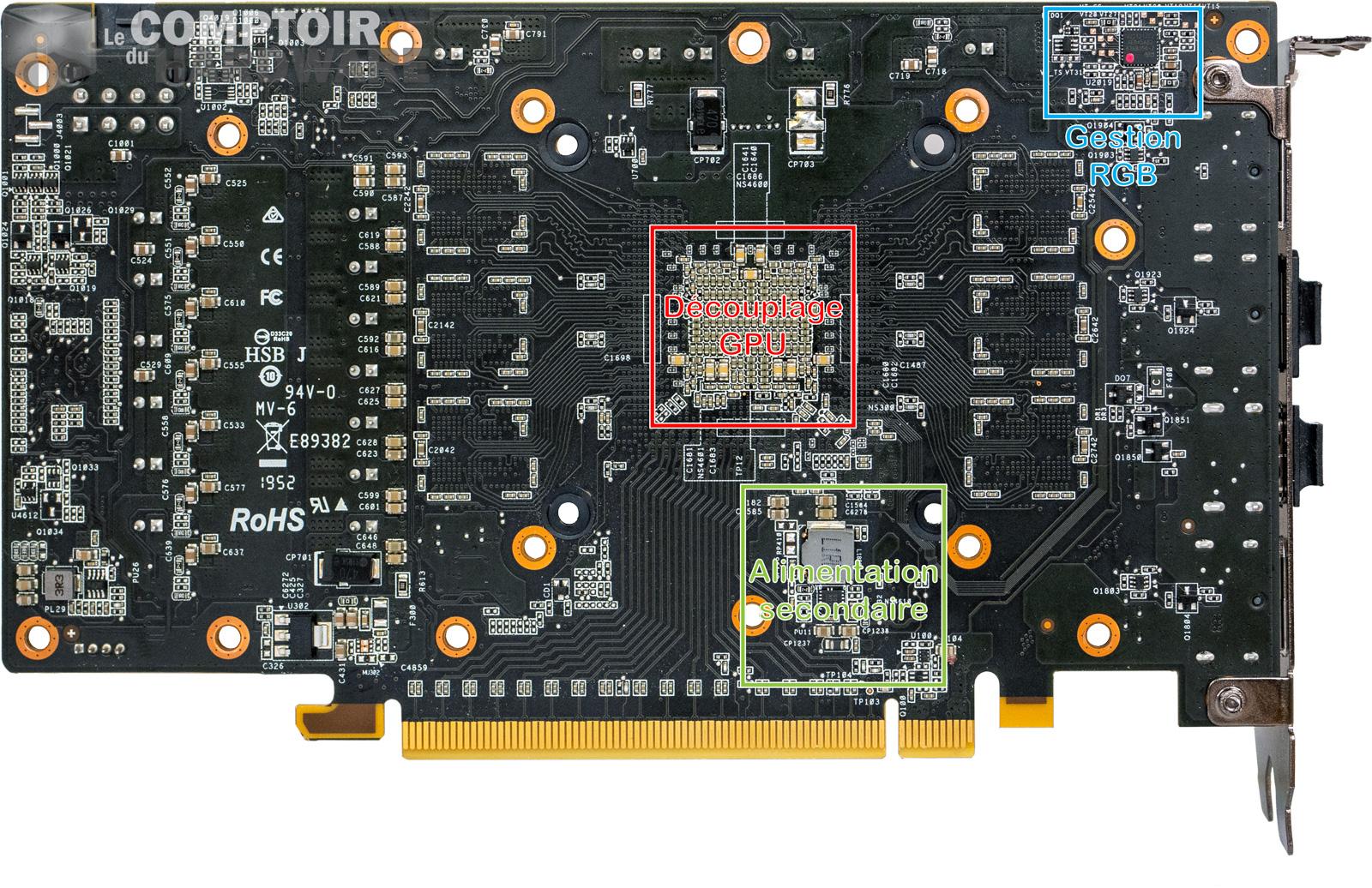 asrock rx 5600 xt phantom gaming d3 - vue détaillée de dos du PCB