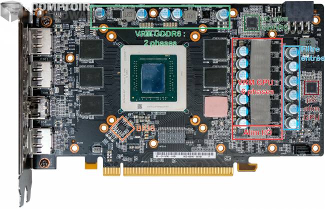 asrock rx 5600 xt phantom gaming d3 - vue détaillée du PCB [cliquer pour agrandir]