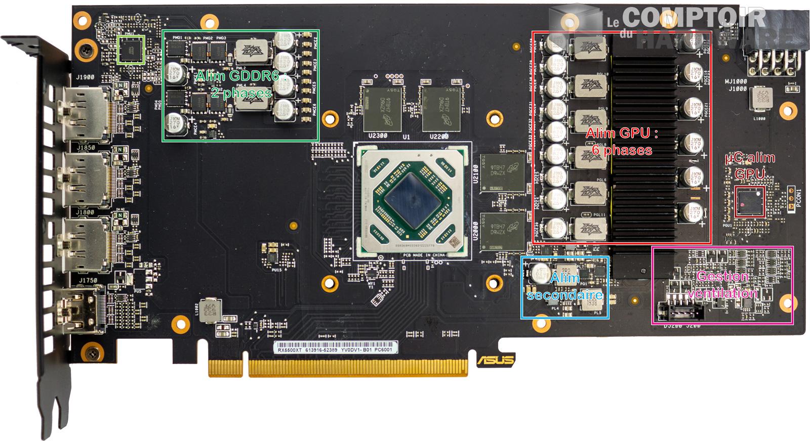 asus dual rx 5500 xt evo - vue détaillée du pcb : face avant