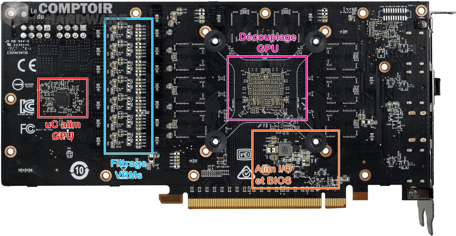 msi rx 5700 xt evoke - vue détaillée du pcb de dos