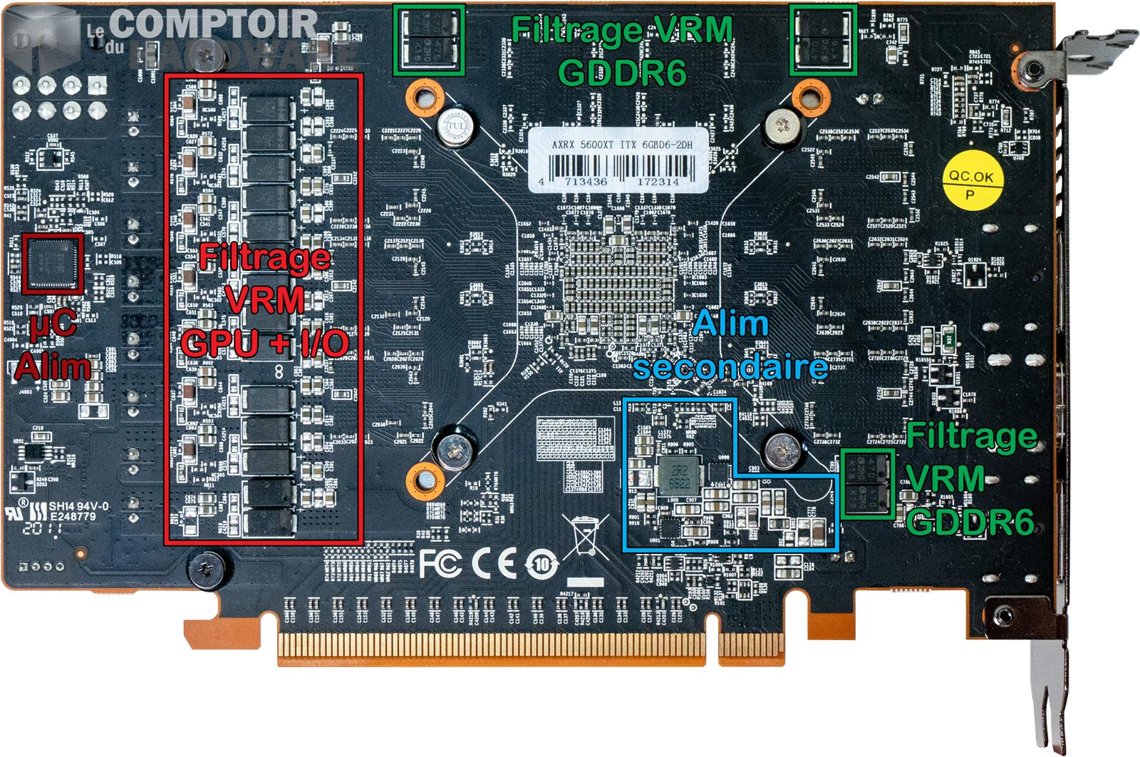 power color rx 5600 xt itx - vue détaillée du pcb : face arrière