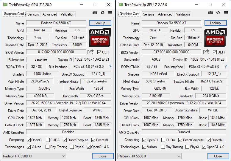 GPU-Z RX 5500 XT 4 et 8 Go