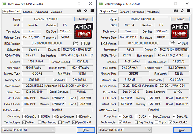 GPU-Z RX 5500 XT 4 et 8 Go [cliquer pour agrandir]