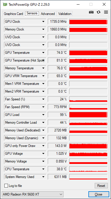GPU-Z : Sapphire Pulse RX 5600 XT overclockée