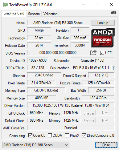 GPU-Z Gigabyte R9 380X G1 Gaming