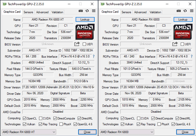 GPU-Z Radeon RX 6800 & 6800 XT [cliquer pour agrandir]