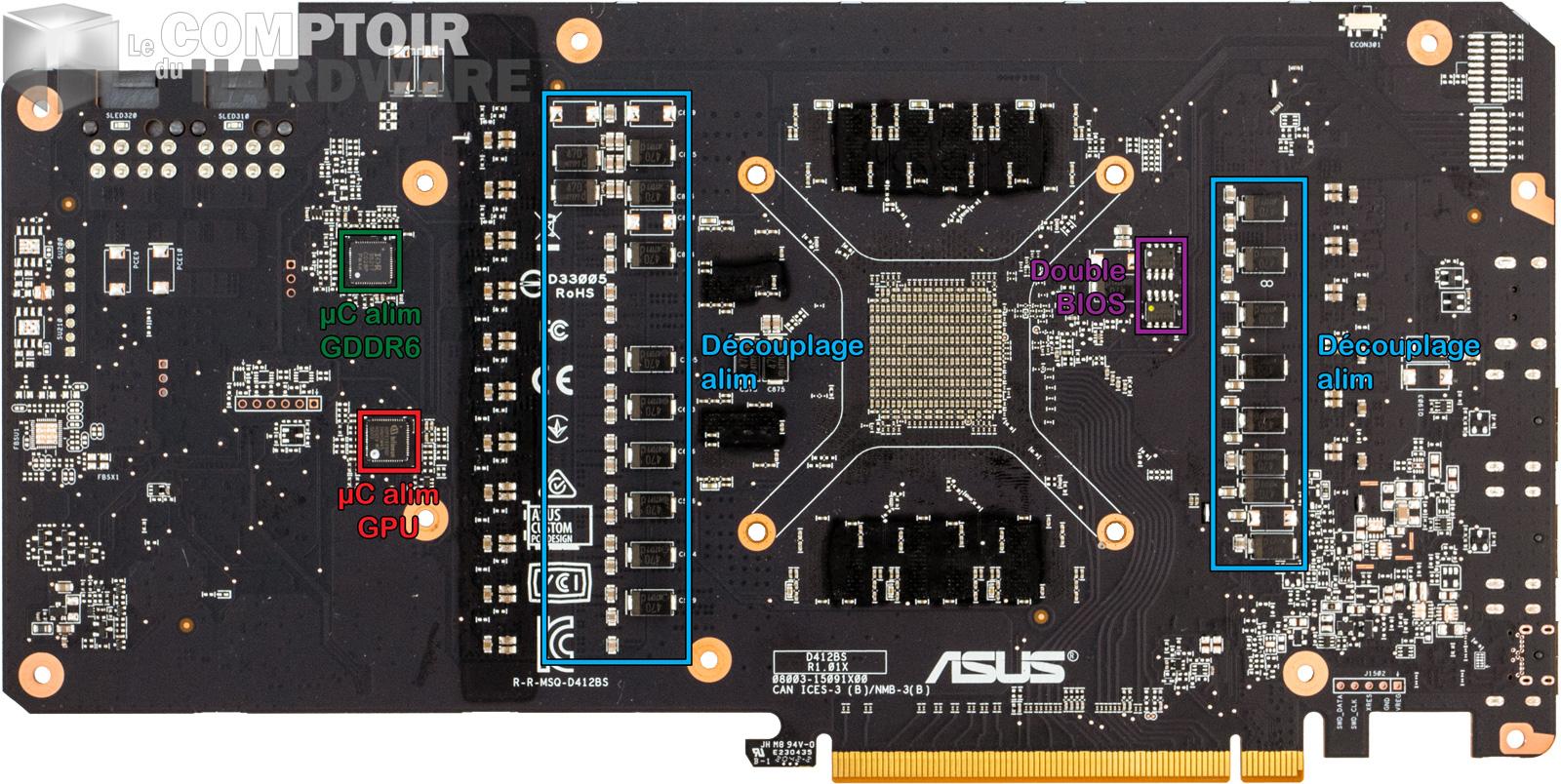 asus tuf gaming rx 6800 xt - vue détaillée du pcb : face arrière