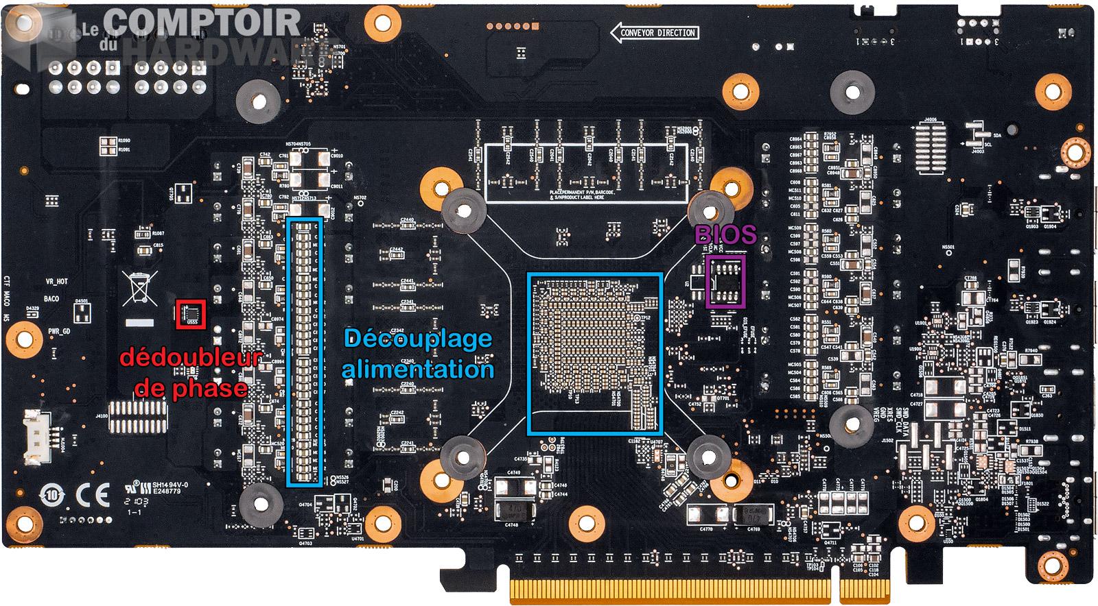 powercolor rx 6700 xt hellhound - vue détaillée du pcb : face arrière