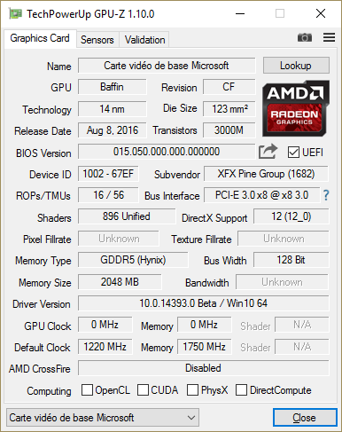 GPU-Z XFX RX 460 DD : fréquences et caractéristiques