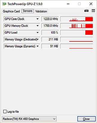 GPU-Z XFX RX 460 DD : fréquences en charge