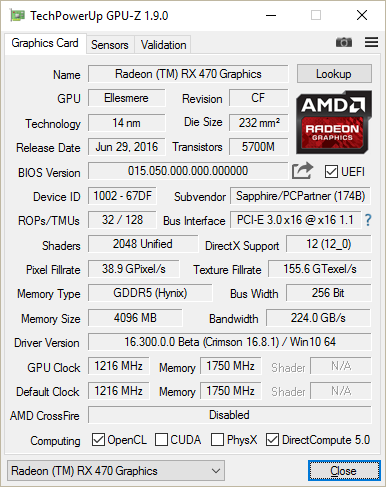 GPU-Z Sapphire RX 470 OC : fréquences et caractéristiques