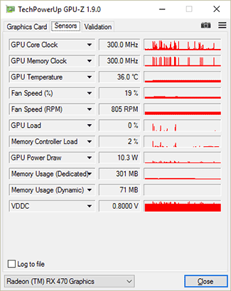 GPU-Z Sapphire RX 470 OC : fréquences au repos