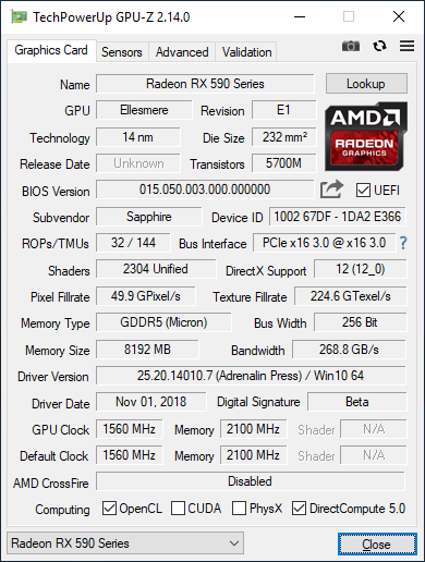 GPU-Z RX 590 Nitro+ SE