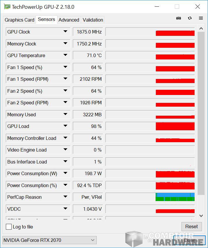 asus rog strix gaming rtx 2070 - capteurs gpu-z en charge