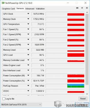 asus rog strix gaming rtx 2070 - capteurs gpu-z en charge [cliquer pour agrandir]