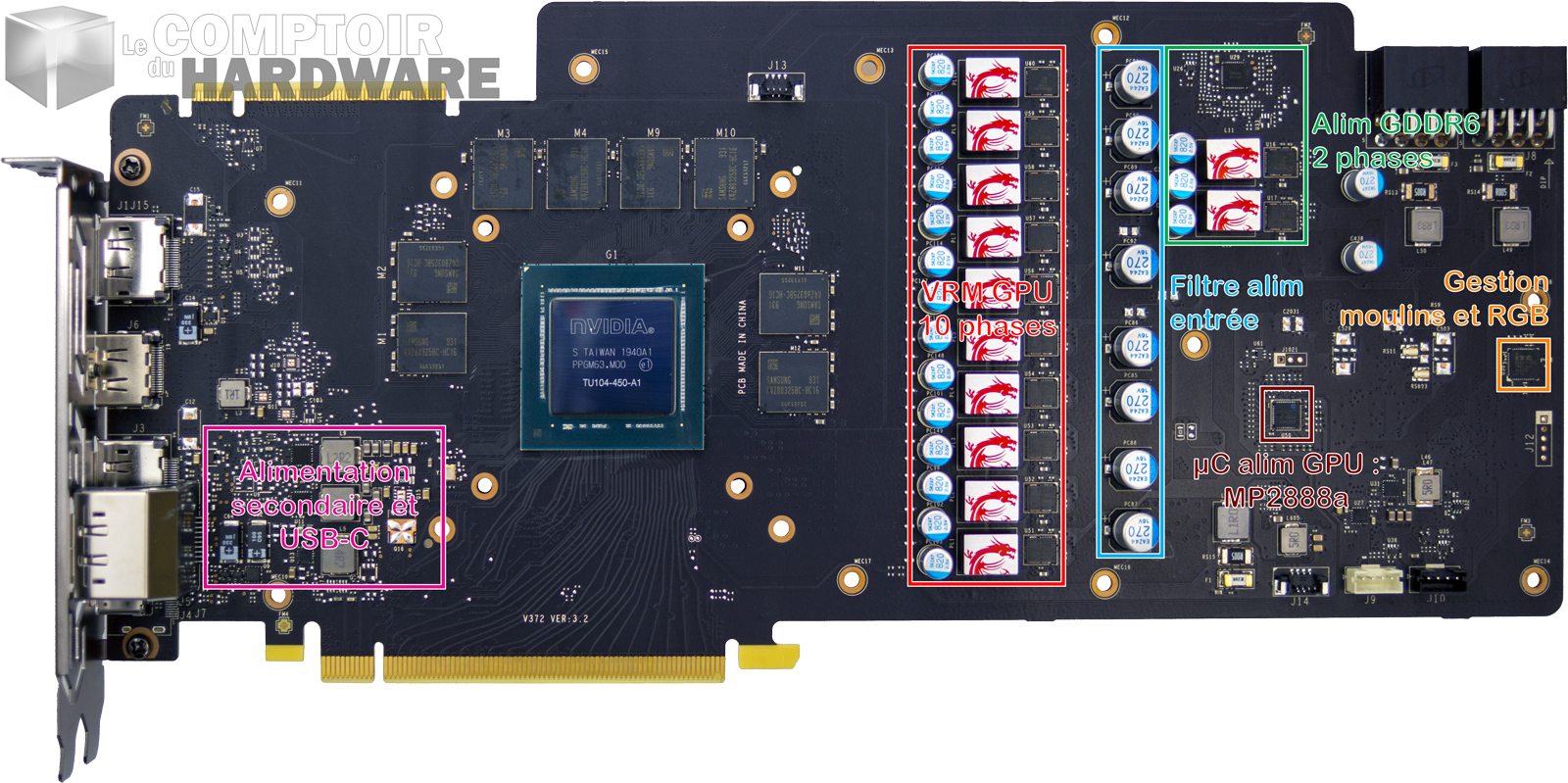 msi rtx 2080 super gaming x trio - vue détaillée du pcb