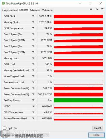 aorus rtx 2080 ti xtreme - capteurs gpu-z en charge [cliquer pour agrandir]