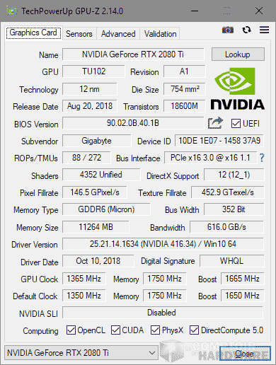 gigabyte rtx 2080ti gaming oc gpuz