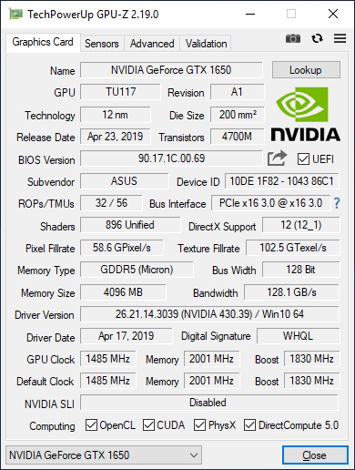 GPU-Z Asus ROG Strix GTX 1650